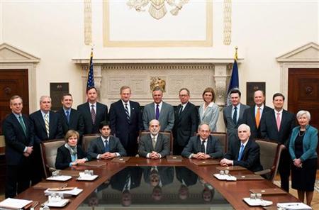 Federal Reserve Board's Federal Open Market Committee members pose during two-day meeting in Washington.